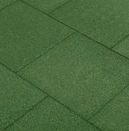 Grønne gummifliser på 50x50x4,5 centimeter. Faldmåtter. tillader et fald på 1,85 meter. Faldtestet og yderst godkendt.